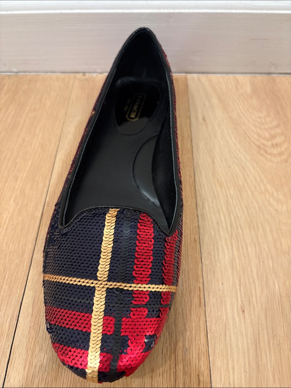 Coach Sequined Plaid Flats in Red, Black & Gold - Picture 2 of 7